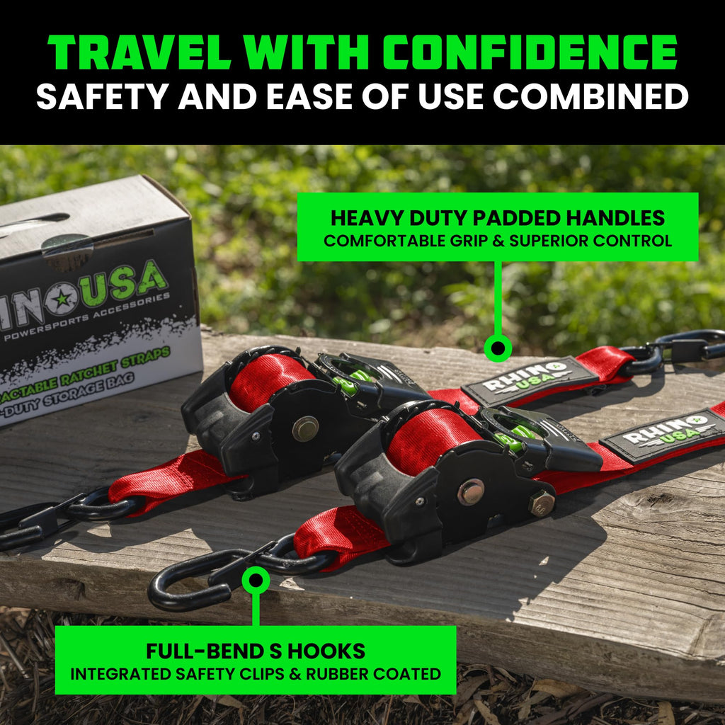 Rhino USA Retractable Ratchet Straps (2-Pack) - 2in x 10ft, 3,033lb, Black
