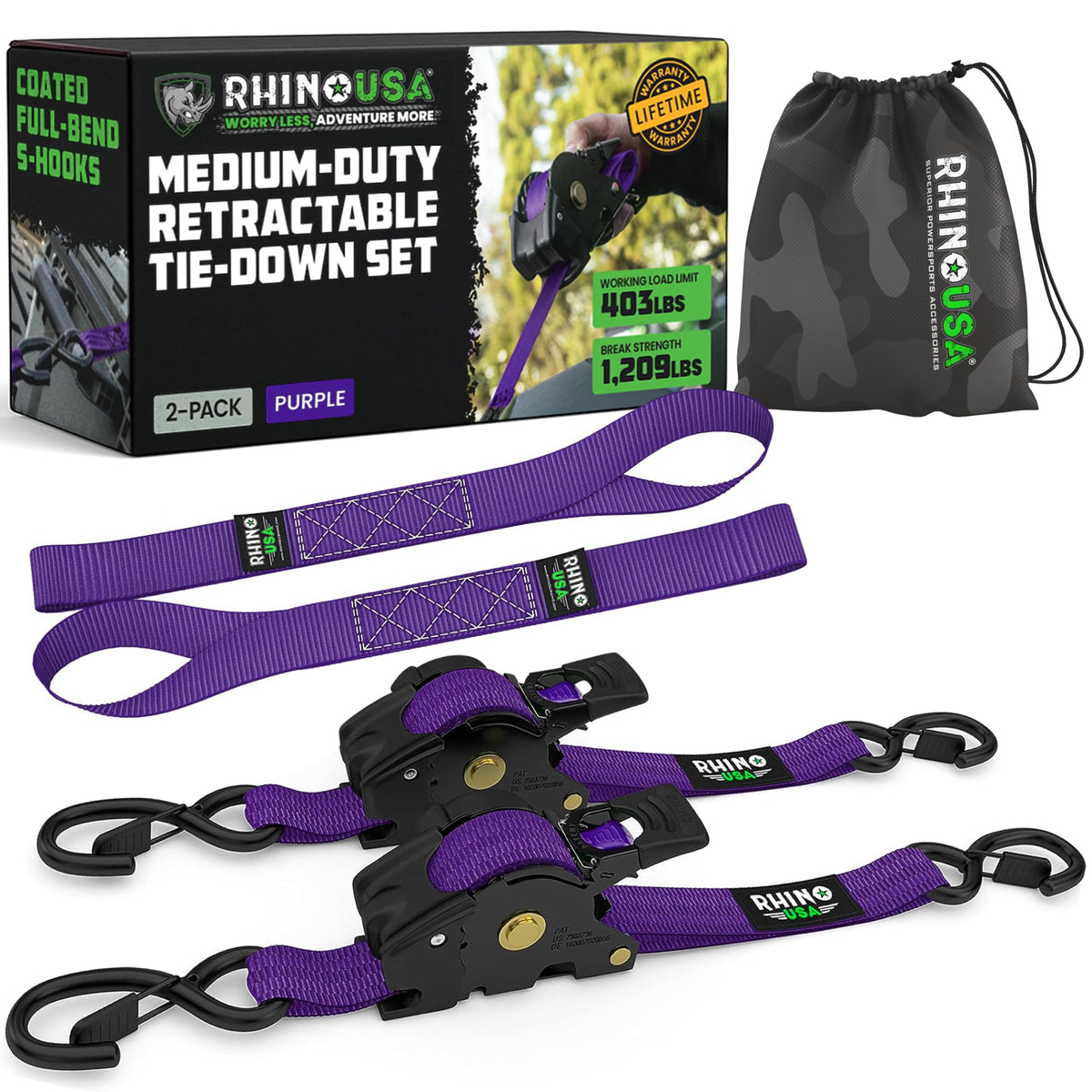 Rhino USA Retractable Ratchet Straps (4-Pack) - 1in x 10ft, Black
