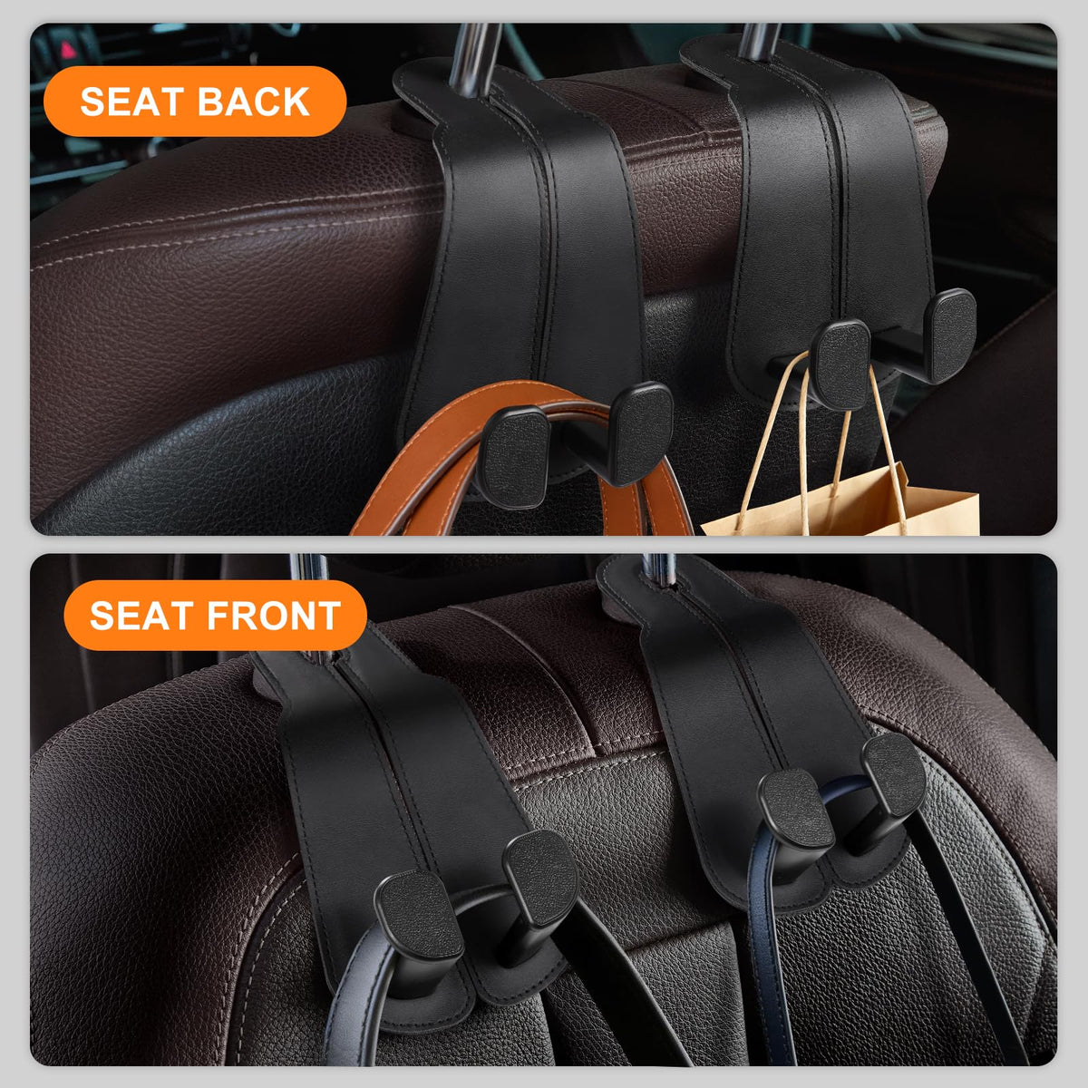 CoBak Purse Hook for Car - Universal Premium Stitched Leather and Aluminum-Magnesium Alloy Double Car Seat Back Storage Hook for Purses, Handbags, Bags (2 Pack),Black