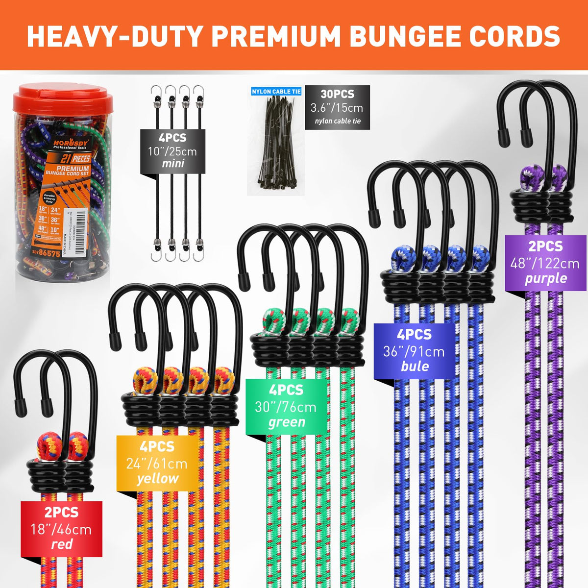 HORUSDY 31-Piece Premium Bungee Cords Assortment Jar, Includes 10”,18”,24”,32”,40” Bungee Cords, 6“ Zip Ties, 8”Canopy/Tarp Ball Ties and Crocodile Mouth Tarp Clips