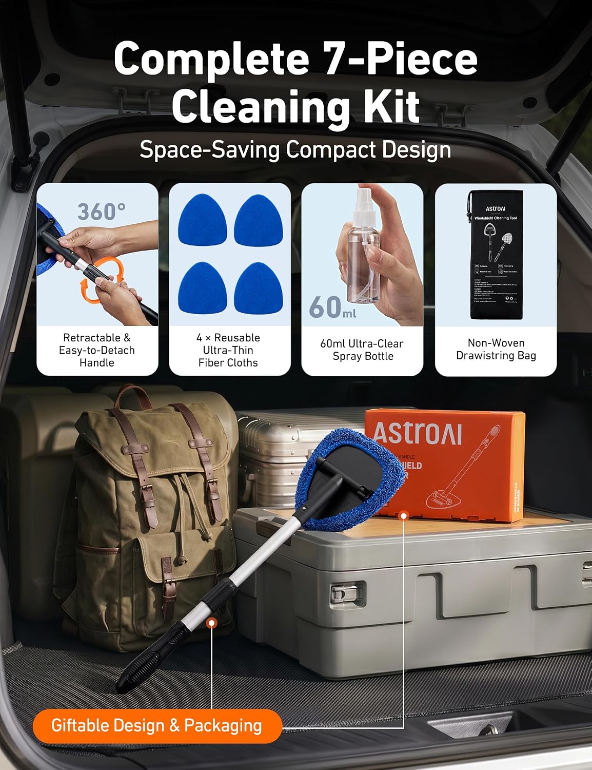 AstroAI 21" Extra-Long Windshield Cleaner Tool & Car Interior Detailing Kit