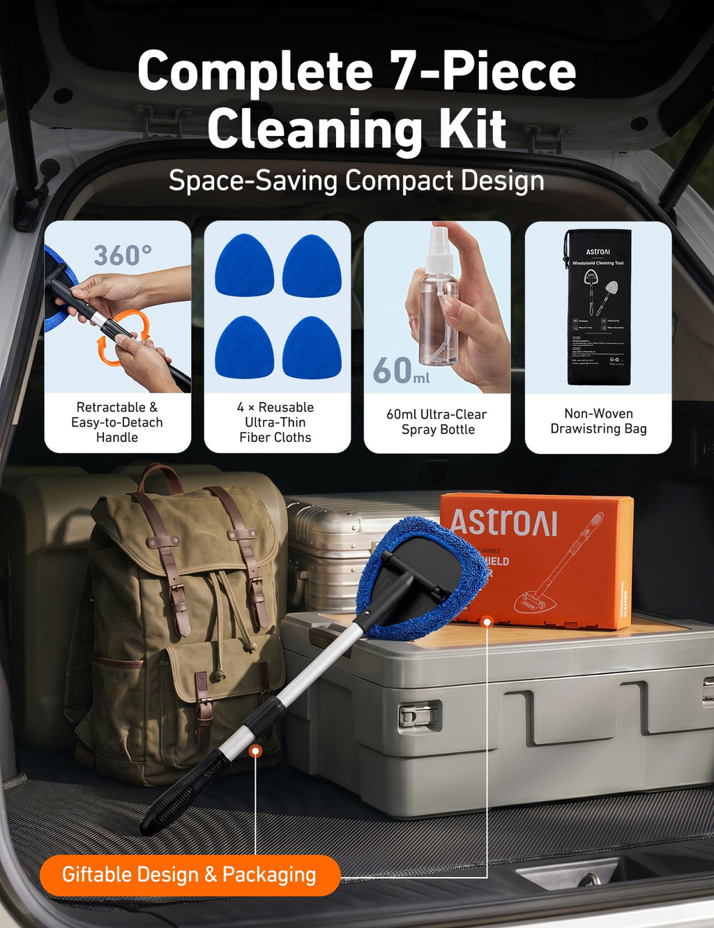 AstroAI 21" Extra-Long Windshield Cleaner Tool & Car Interior Detailing Kit