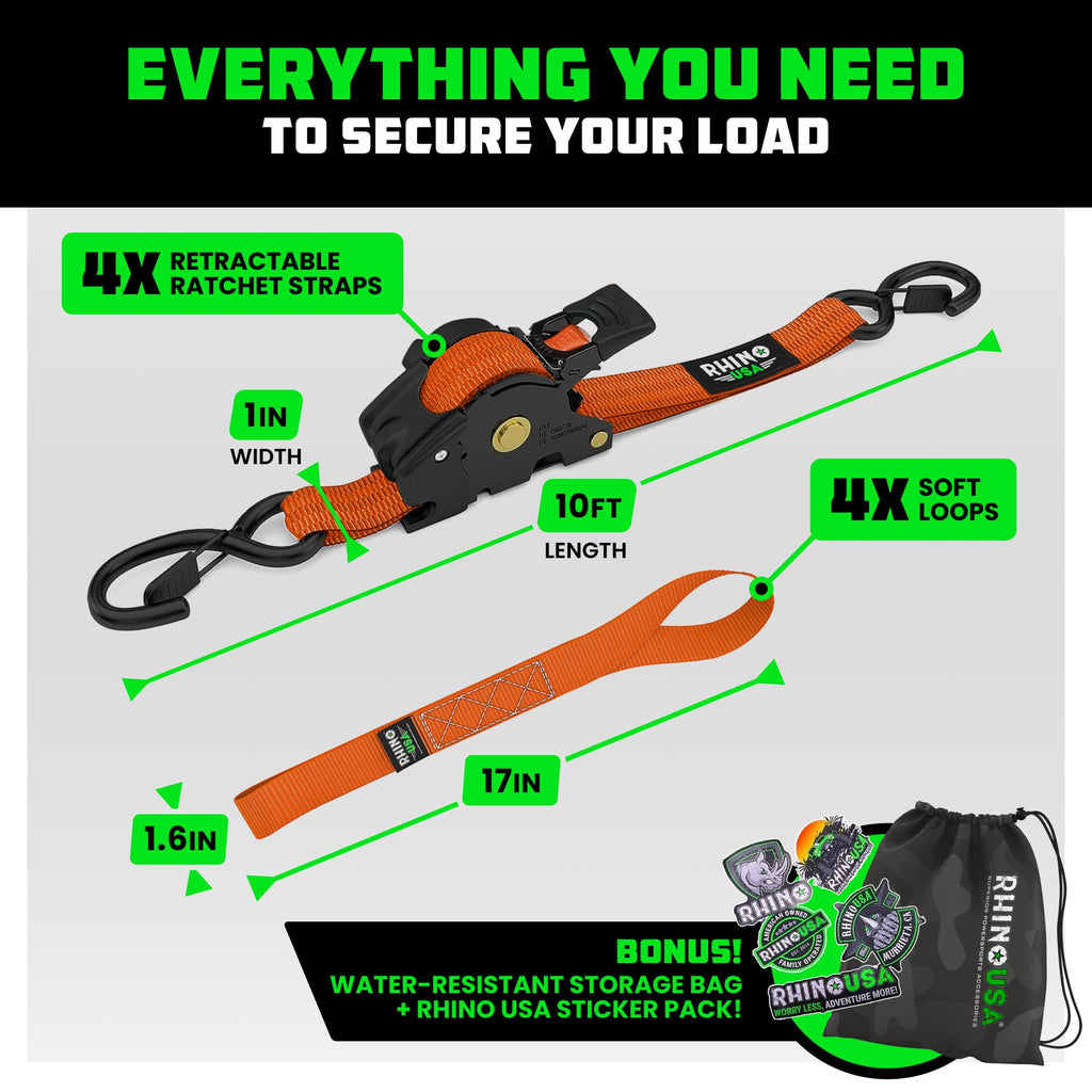 Rhino USA Retractable Ratchet Straps (4-Pack) - 1in x 10ft, Black