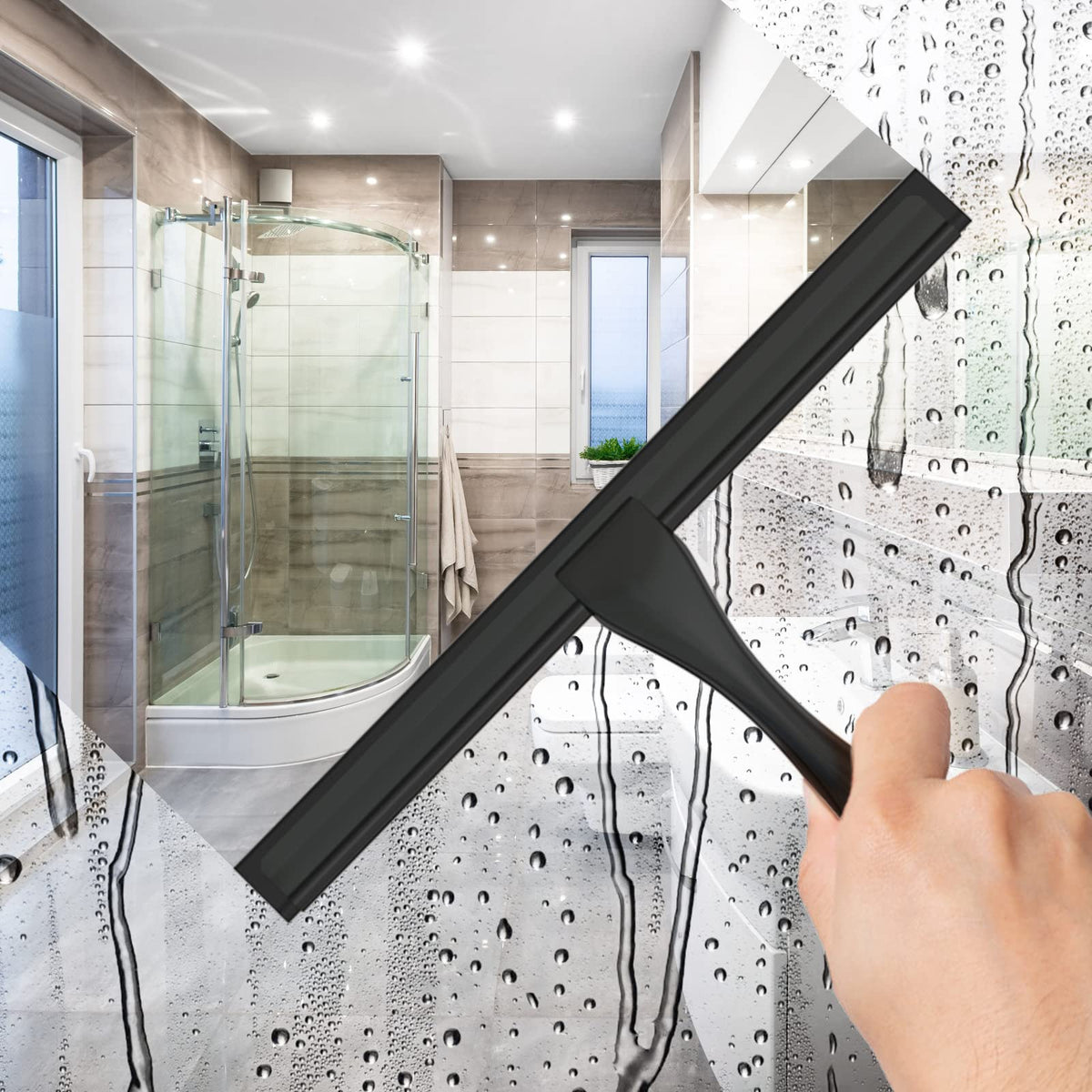 All-Purpose Stainless Steel Shower Squeegee for Shower Glass Door with 2 Adhesive Hooks, Bathroom Cleaner Tool Household Window Mirror Squeegee , Cleaning Tile Wall, Car, 10 Inch Silver