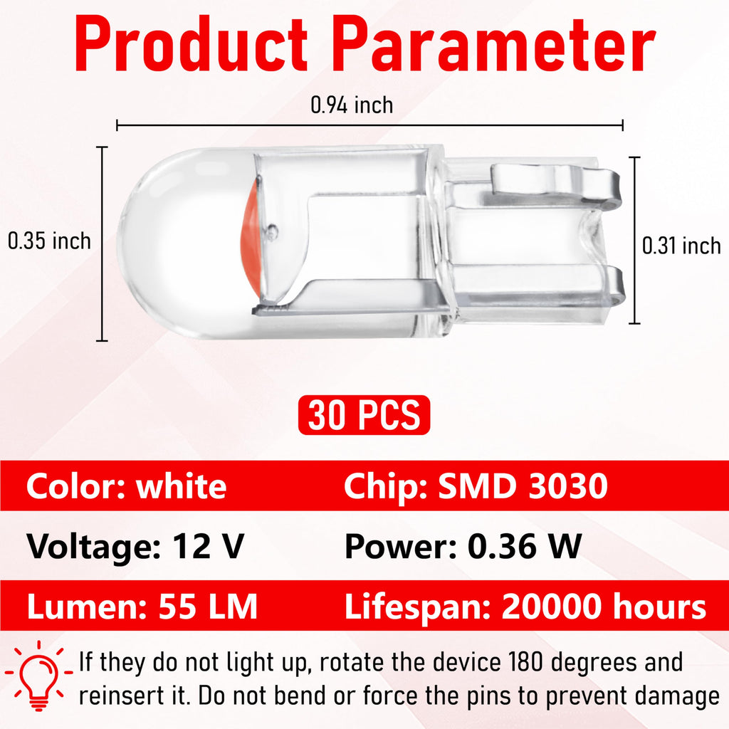 ecocstm 30 PCS Car 194 LED Bulbs, 168 2825 W5W T10 LED Bulb (White)
