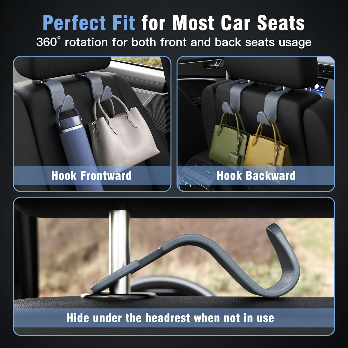 4-Pack Car Headrest Hooks Holds 55lbs Seat Storage Organizer for Bags