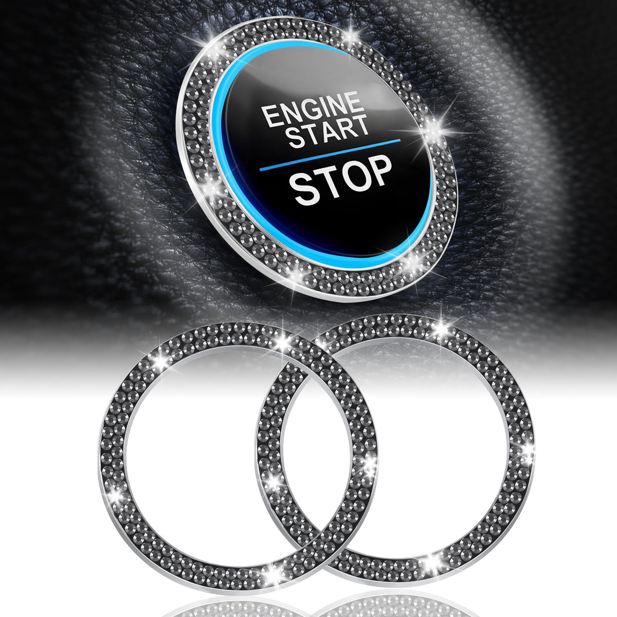 LivTee 2 PCS Crystal Double Rhinestone Car Engine Start Stop Decoration Ring, Bling Car Interior Accessories for Women, Push to Start Button Cover Sticker, Automotive Decals, White
