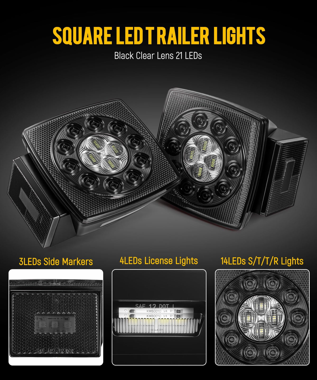 Partsam 12V Submersible Square Led Trailer Light,Red White LED Stop Turn Tail License Brake Running Light Lamp for Trailers Under 80" Boat Trailer Truck Marine Camper RV Snowmobile,IP68,DOT Compliant