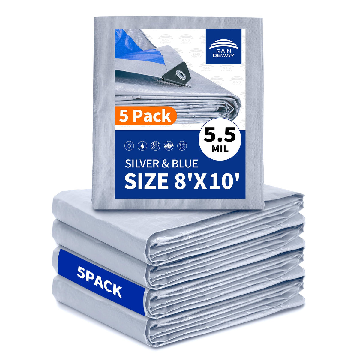 RAINDEWAY Tarps 8x10Ft 5.5 Mil Multipurpose Waterproof Poly Tarp Cover