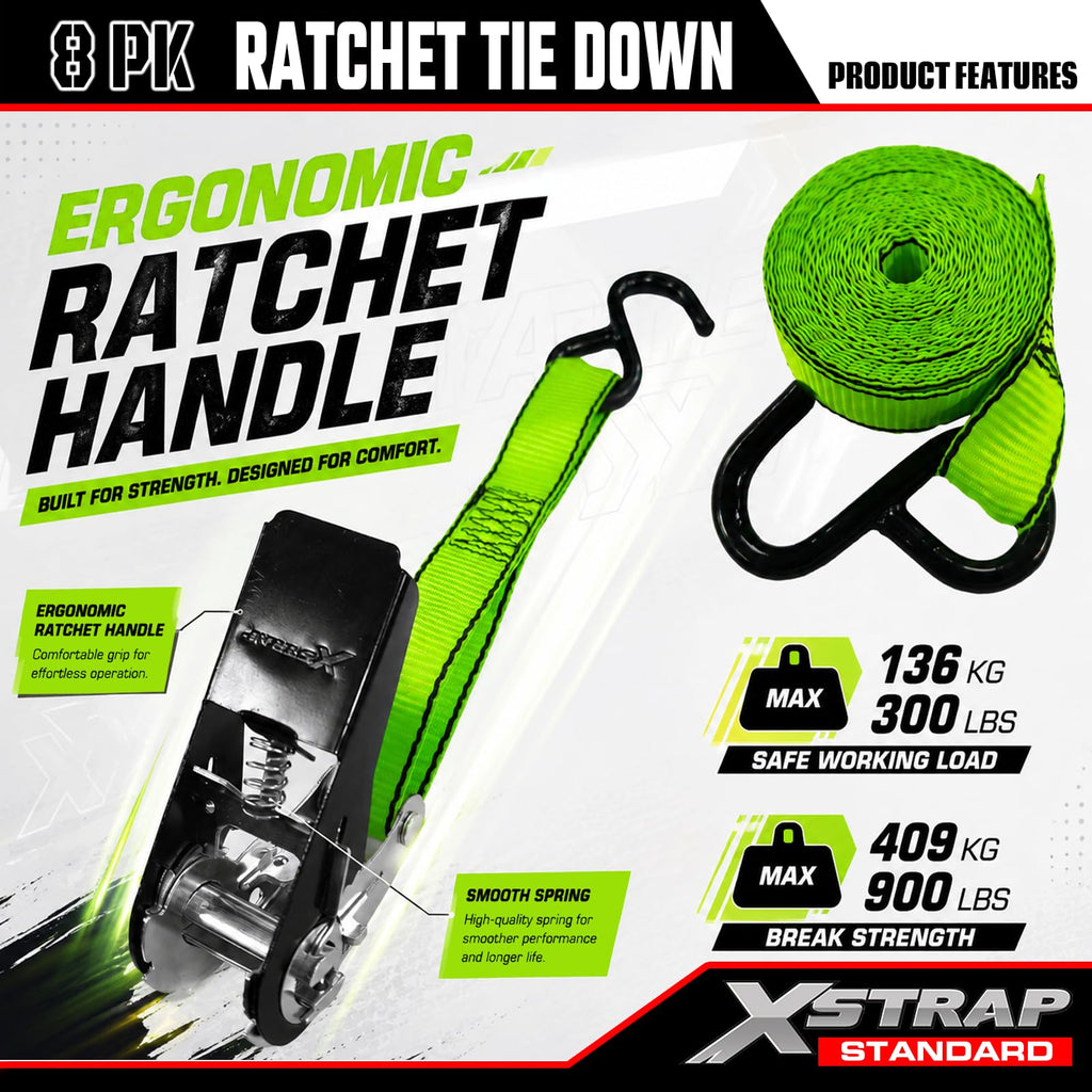 XSTRAP STANDARD 8-PK Ratchet Tie Down Straps, 1" x 10FT Cargo Straps, Black