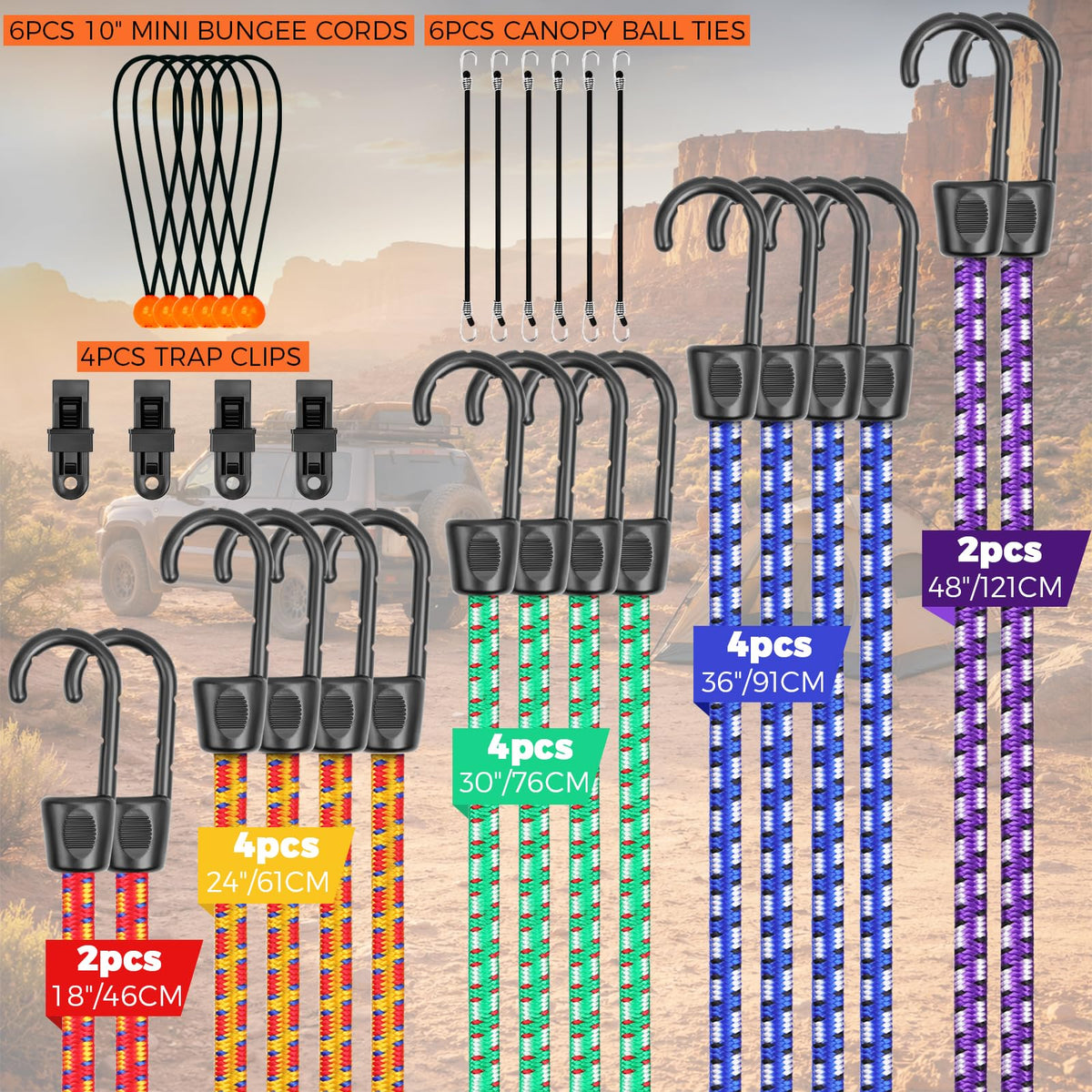 HORUSDY 31-Piece Premium Bungee Cords Assortment Jar, Includes 10”,18”,24”,32”,40” Bungee Cords, 6“ Zip Ties, 8”Canopy/Tarp Ball Ties and Crocodile Mouth Tarp Clips