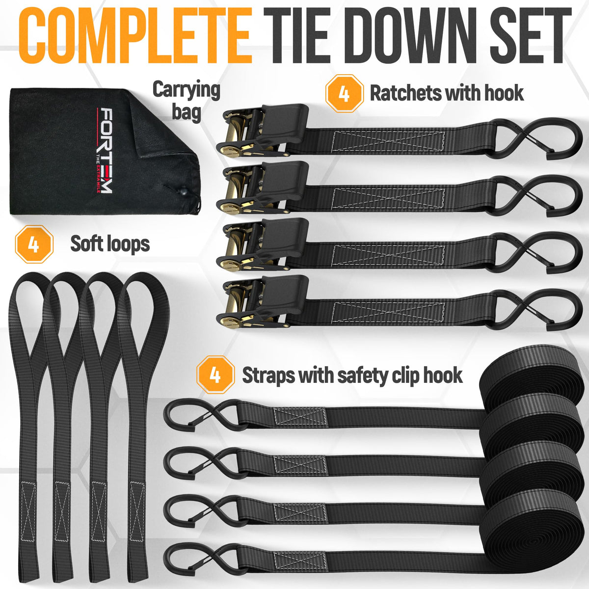 FORTEM Ratchet Straps - Tie Down Strap Set, 4 Pack, 1650lb Break Strength