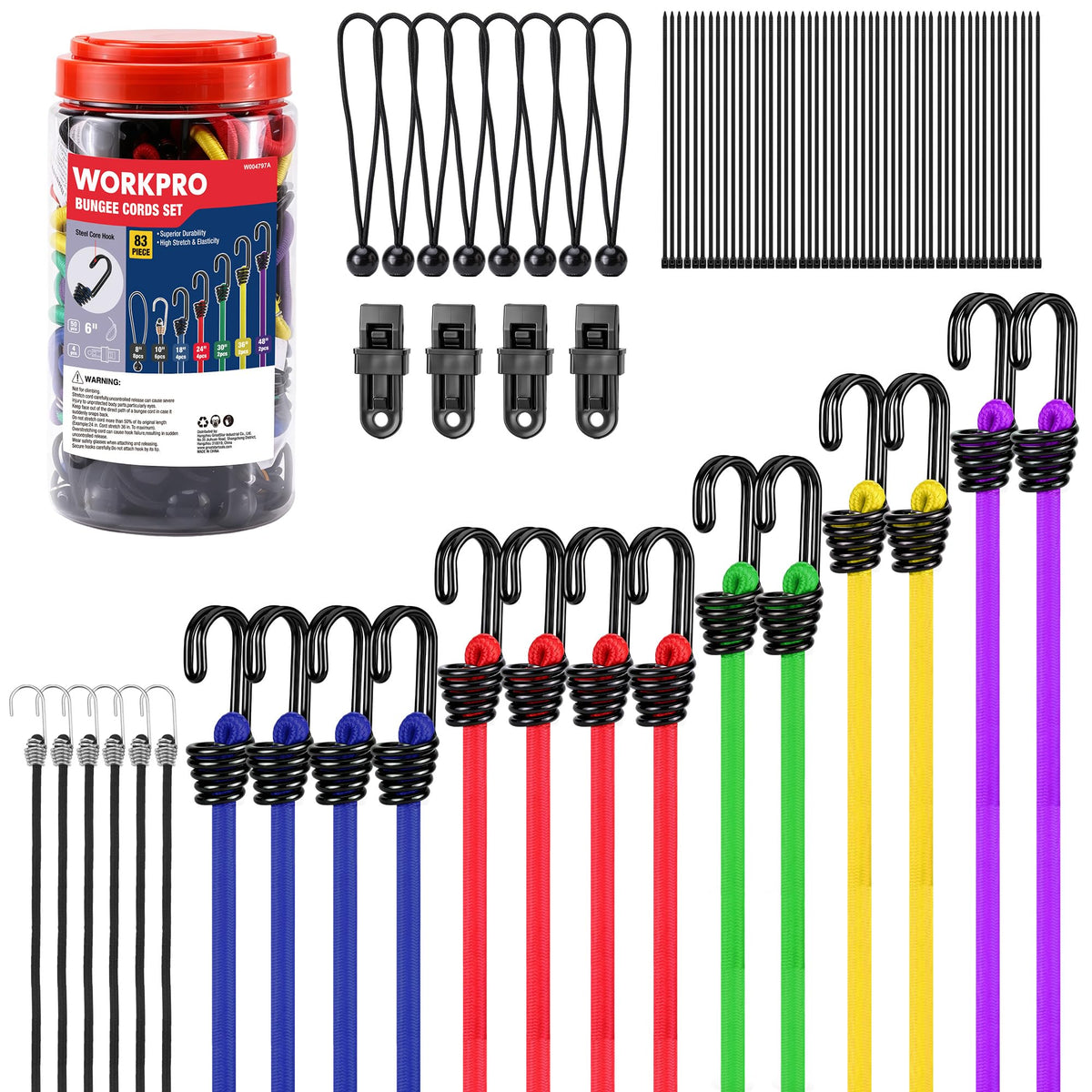 WORKPRO Bungee Cords with Hooks, Heavy Duty Outdoor Bungee Strap, 22-Piece