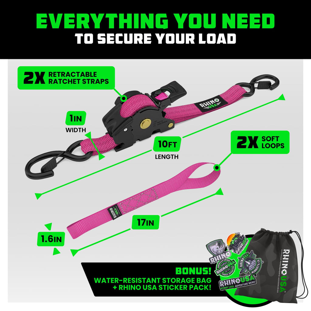 Rhino USA Retractable Ratchet Straps (4-Pack) - 1in x 10ft, Black