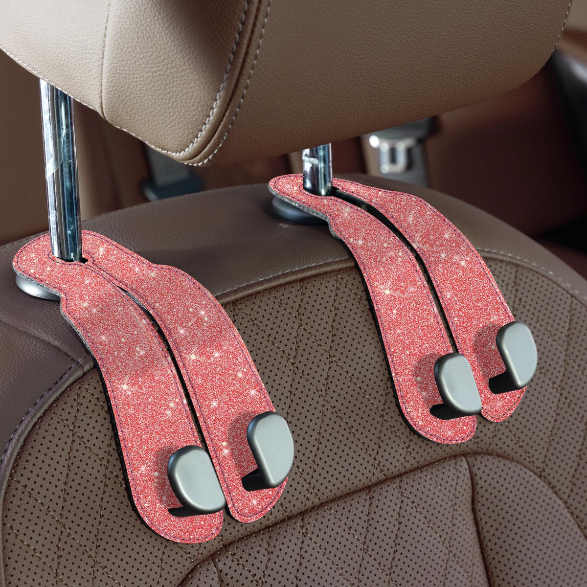 CoBak Purse Hook for Car - Universal Premium Stitched Leather and Aluminum-Magnesium Alloy Double Car Seat Back Storage Hook for Purses, Handbags, Bags (2 Pack),Black