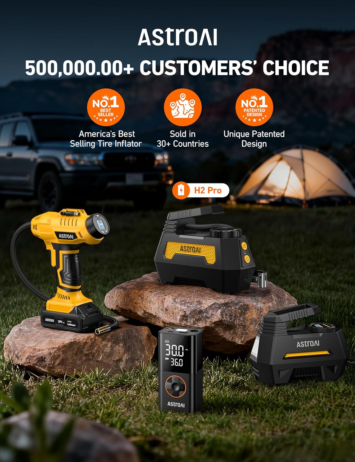 AstroAI H2 Pro Cordless Tire Inflator Portable Air Compressor 12VDC Battery