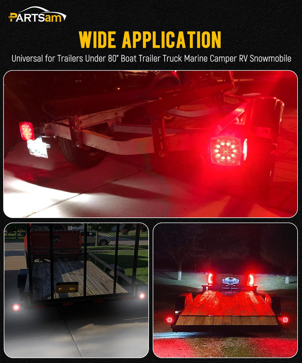 Partsam 12V Submersible Square Led Trailer Light,Red White LED Stop Turn Tail License Brake Running Light Lamp for Trailers Under 80" Boat Trailer Truck Marine Camper RV Snowmobile,IP68,DOT Compliant