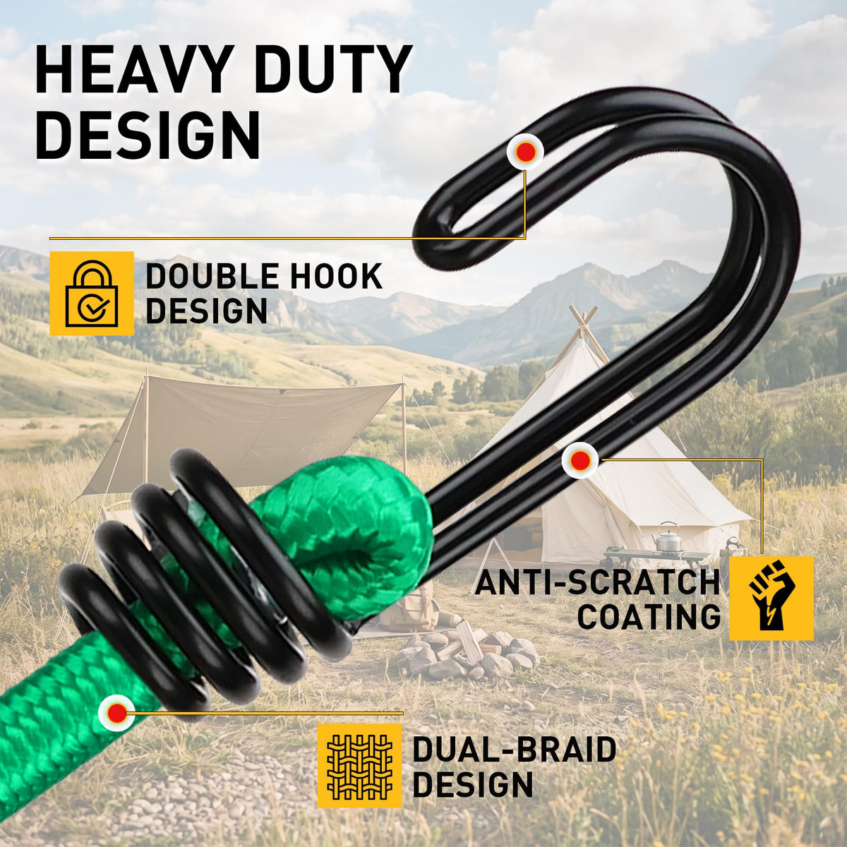 Bungee Cords Heavy Duty Outdoor: 20 Pcs Premium Rubber Bungee Cords with Hooks in a Storage Jar Includes 10", 18", 24", 30", 36", 48" Bungee Cord for Camping, Tent, Fastening Items
