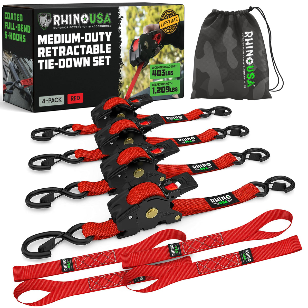 Rhino USA Retractable Ratchet Straps (4-Pack) - 1in x 10ft, Black