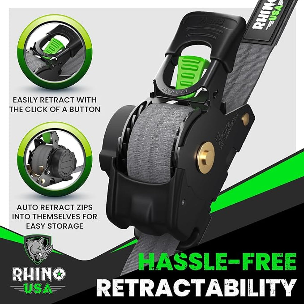 Rhino USA Retractable Ratchet Straps (4-Pack) - 1in x 10ft, Black