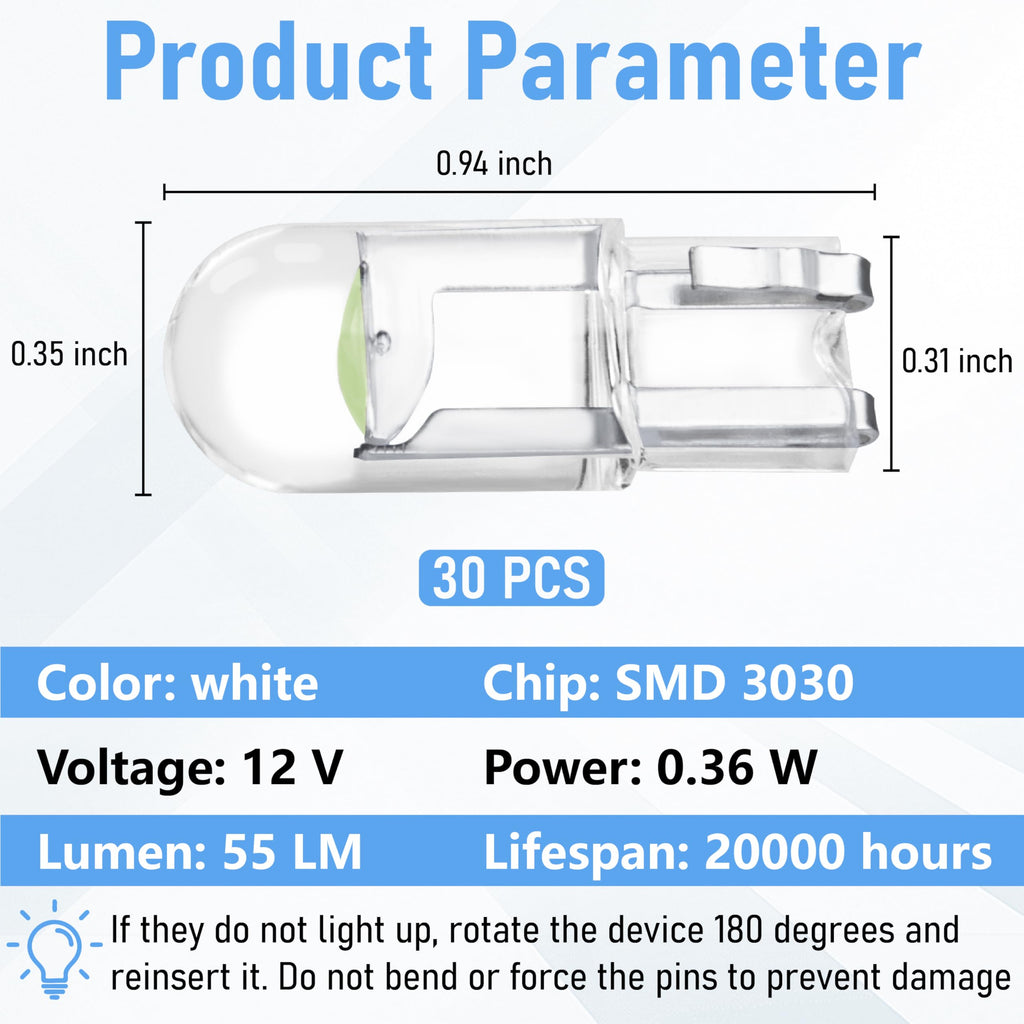 ecocstm 30 PCS Car 194 LED Bulbs, 168 2825 W5W T10 LED Bulb (White)