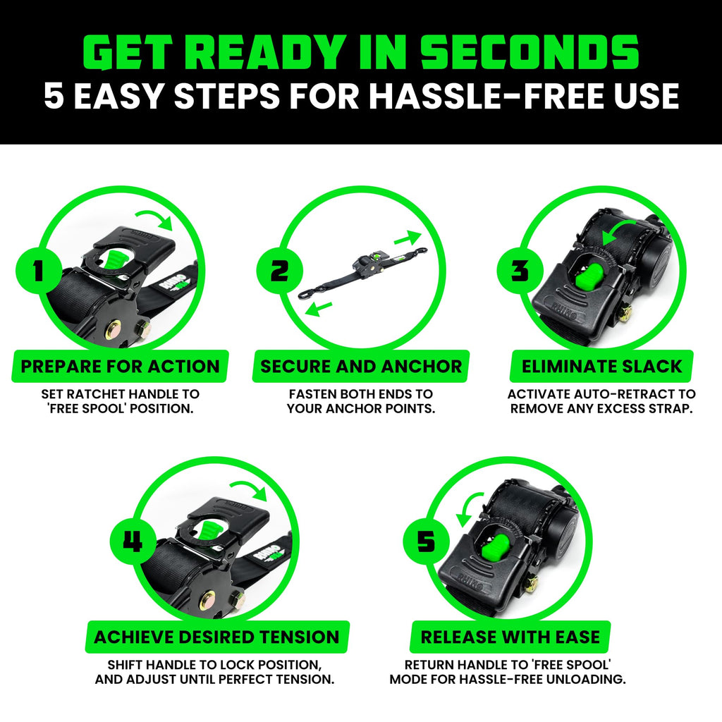 Rhino USA Retractable Ratchet Straps (4-Pack) - 1in x 10ft, Black