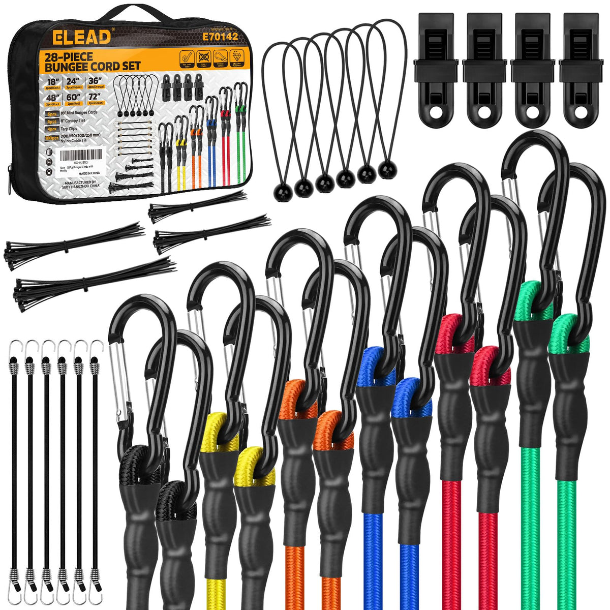 Bungee Cords Heavy Duty Outdoor: 20 Pcs Premium Rubber Bungee Cords with Hooks in a Storage Jar Includes 10", 18", 24", 30", 36", 48" Bungee Cord for Camping, Tent, Fastening Items