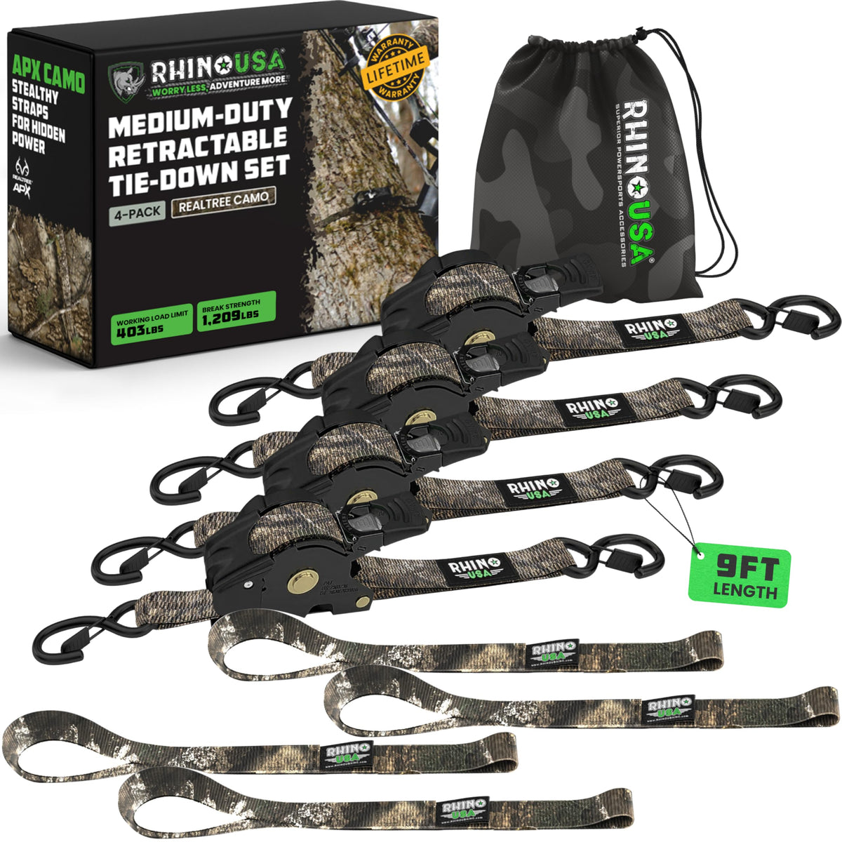 Rhino USA Retractable Ratchet Straps (4-Pack) - 1in x 10ft, Black