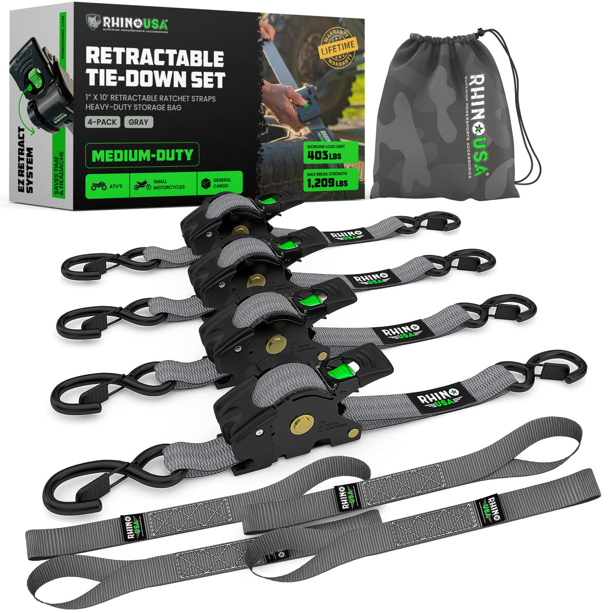 Rhino USA Retractable Ratchet Straps (4-Pack) - 1in x 10ft, Black