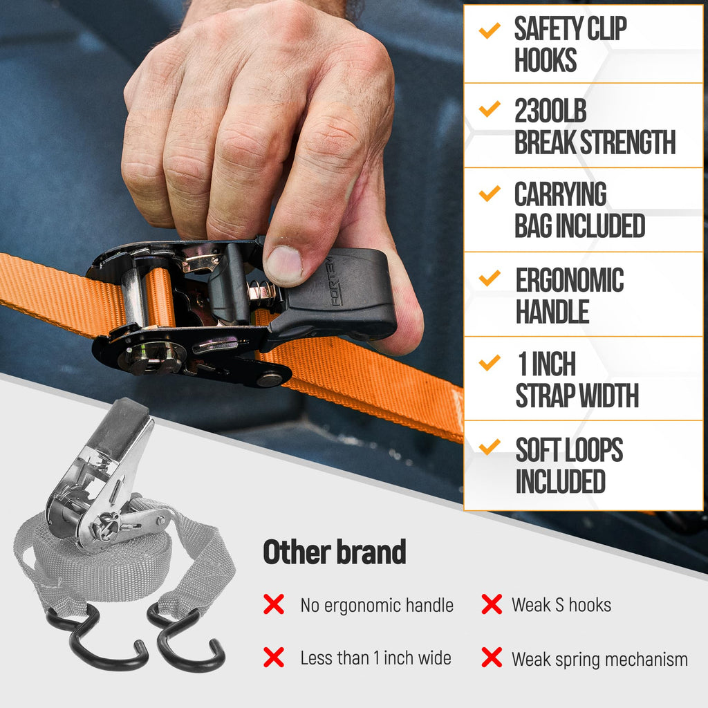 FORTEM Ratchet Straps - Tie Down Strap Set, 4 Pack, 1650lb Break Strength