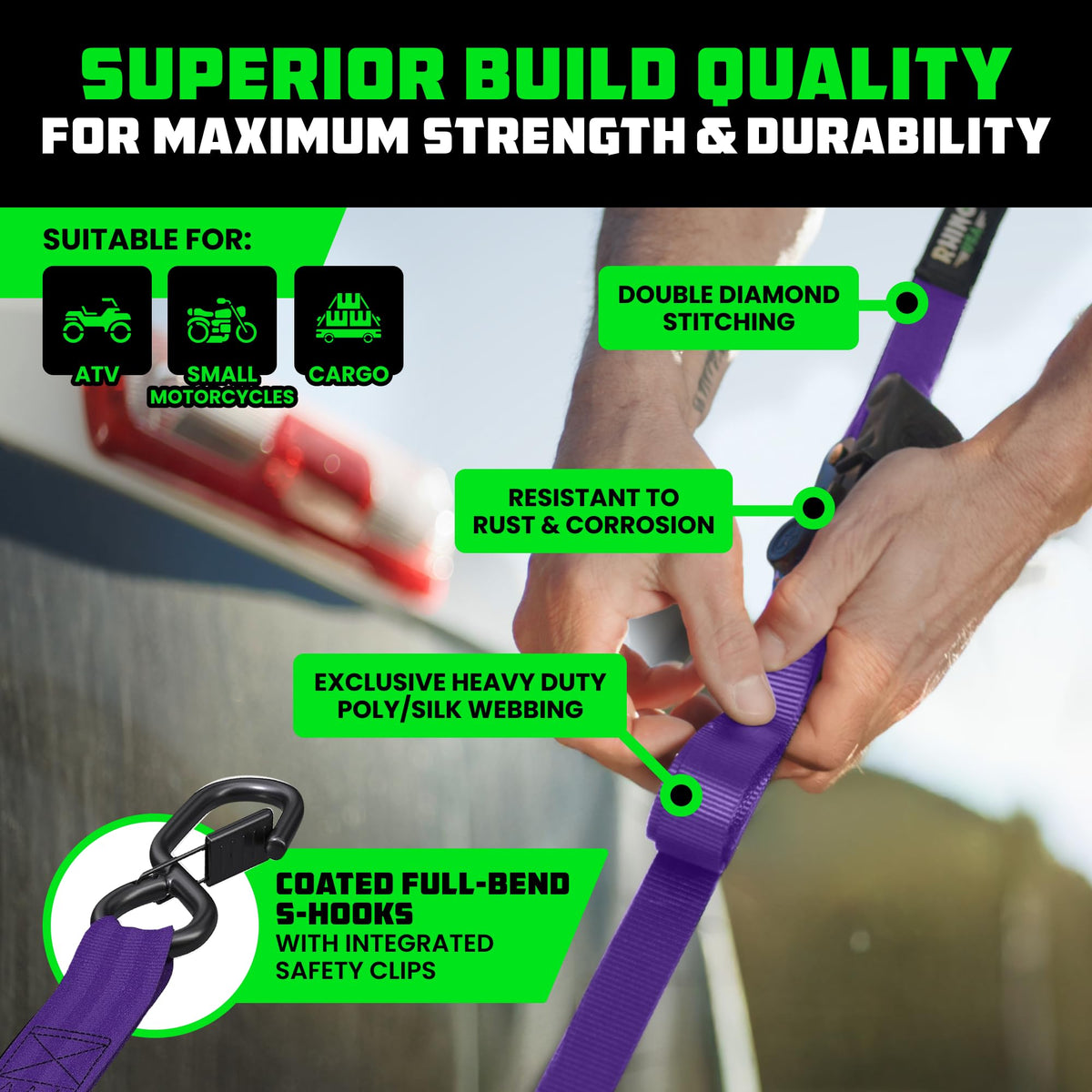 Rhino USA Retractable Ratchet Straps (4-Pack) - 1in x 10ft, Black