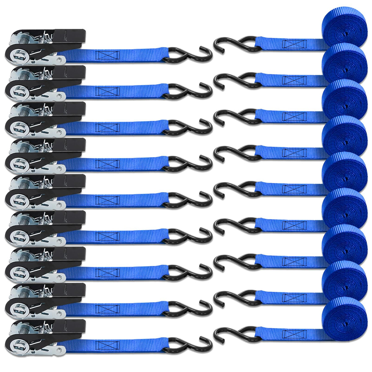 XSTRAP STANDARD 8-PK Ratchet Tie Down Straps, 1" x 10FT Cargo Straps, Black