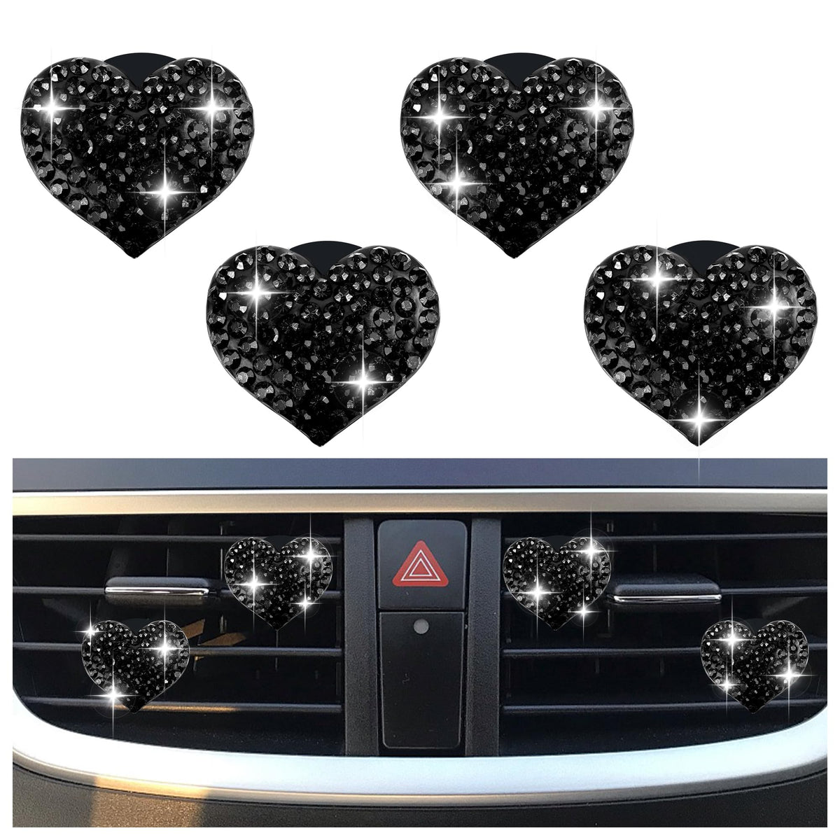 4PCS Heart-Shaped Car Vent Clips with Rhinestone,Bling Air Vent Clips Car Decorations,Premium Shiny Car Clips for Vents CCar Accessories Interior for Cars,Trucks,SUVs (Pink)