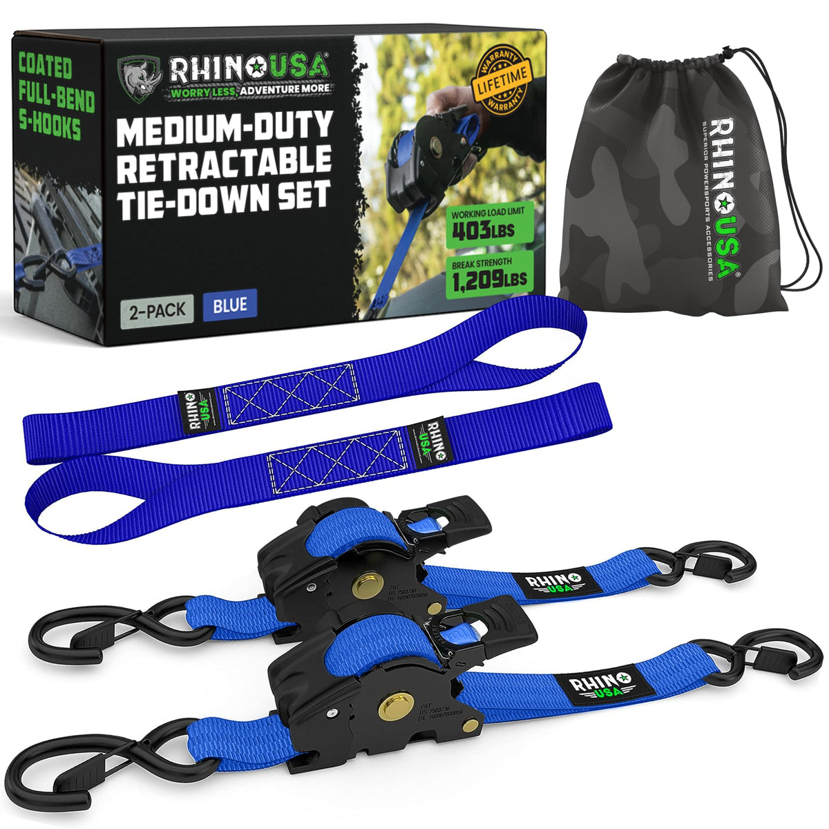 Rhino USA Retractable Ratchet Straps (4-Pack) - 1in x 10ft, Black