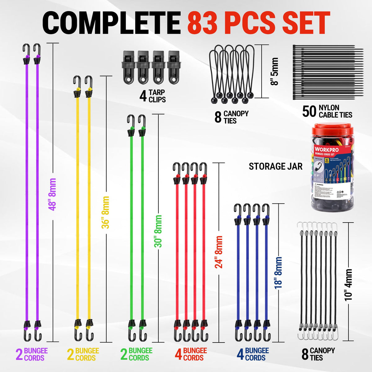 WORKPRO Bungee Cords with Hooks, Heavy Duty Outdoor Bungee Strap, 22-Piece