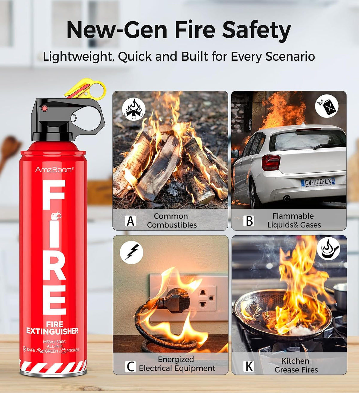 AmzBoom Fire Extinguisher for Home, Car, Kitchen, and Boat 3-Pack, Portable Extinguishing Aerosol Spray Compact A, B, C, K – Includes Mounting Brackets for Easy Access.