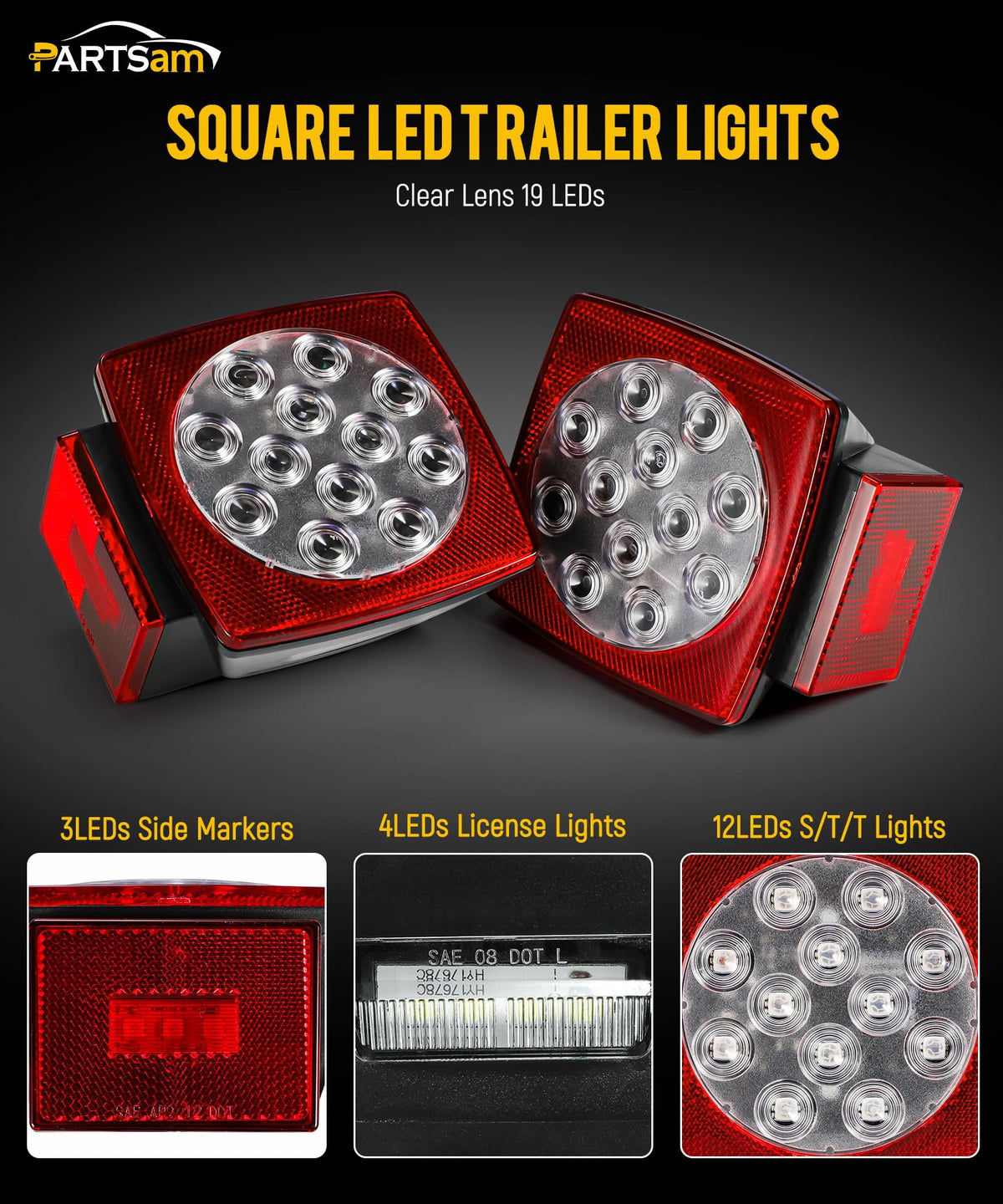 Partsam 12V Submersible Square Led Trailer Light,Red White LED Stop Turn Tail License Brake Running Light Lamp for Trailers Under 80" Boat Trailer Truck Marine Camper RV Snowmobile,IP68,DOT Compliant