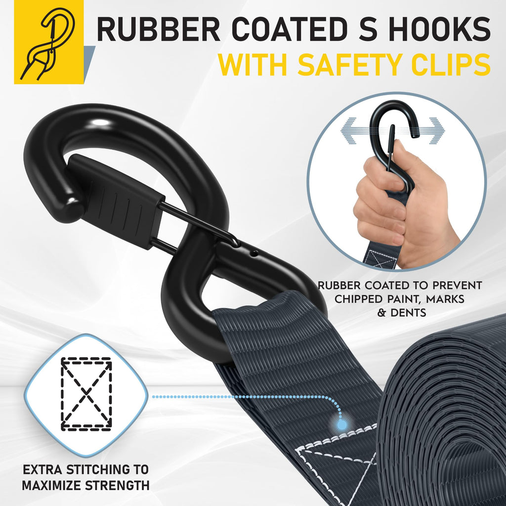 AUGO Ratchet Straps Heavy Duty 4 Pack -15 FT - 2200 LB Break Strength – with Safety Lock S Hooks - Cargo Straps for Moving, Appliances, Motorcycle – Soft Loop Tie Down Straps