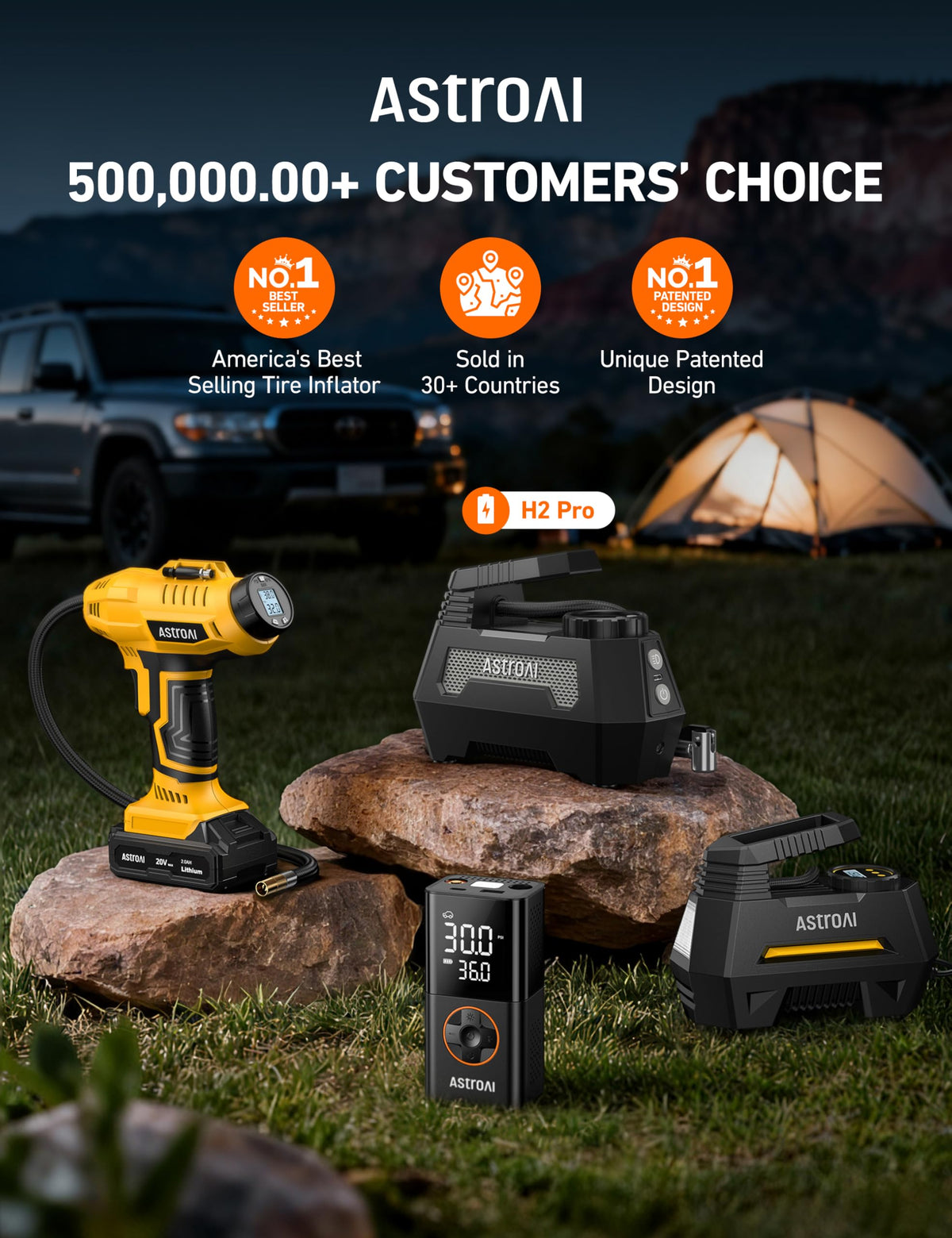 AstroAI H2 Pro Cordless Tire Inflator Portable Air Compressor 12VDC Battery