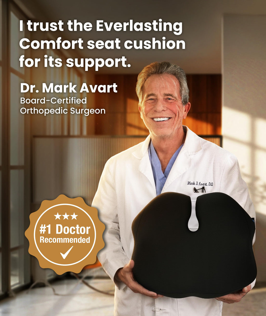 Everlasting Comfort Doctor Recommended Memory Foam Seat Cushion for Office Chairs & Car - Ergonomic Office Desk Accessories - Cushions for Tailbone Pain Relief, Sciatica (Black, Large)