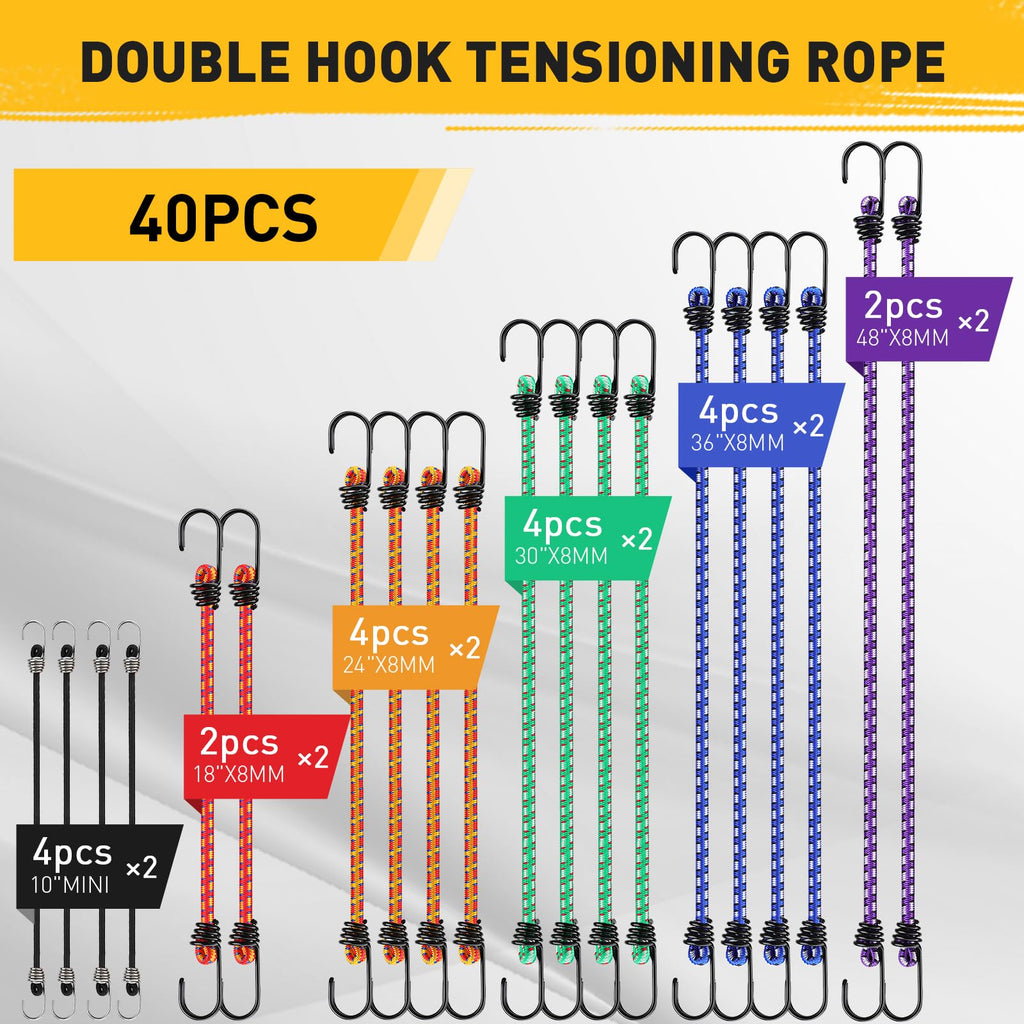 Bungee Cords Heavy Duty Outdoor: 20 Pcs Premium Rubber Bungee Cords with Hooks in a Storage Jar Includes 10", 18", 24", 30", 36", 48" Bungee Cord for Camping, Tent, Fastening Items