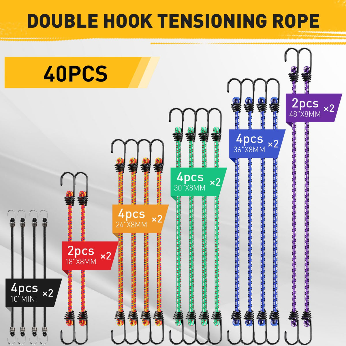 Bungee Cords Heavy Duty Outdoor: 20 Pcs Premium Rubber Bungee Cords with Hooks in a Storage Jar Includes 10", 18", 24", 30", 36", 48" Bungee Cord for Camping, Tent, Fastening Items