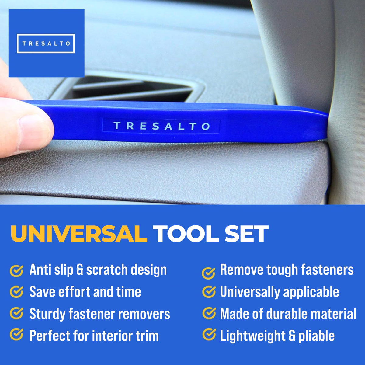 Tresalto Auto Trim Removal Tool Kit - 5 Piece set for Dash, Door Panel, Clip Remover - Scratch-Resist Nylon Pry Tools for Interior Car Trims Work - Panel Prying Tools Included - Blue