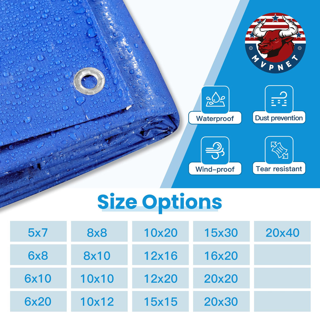 20x30Ft 5mil Waterproof Tarp, UV Resistant Blue Multipurpose Tarps