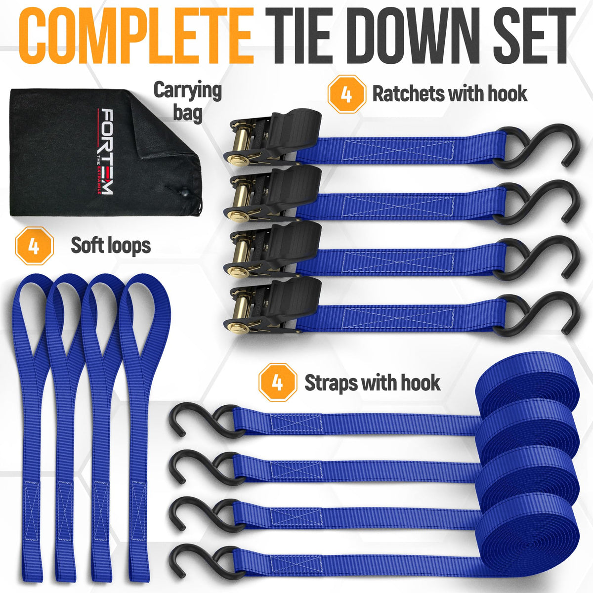FORTEM Ratchet Straps - Tie Down Strap Set, 4 Pack, 1650lb Break Strength