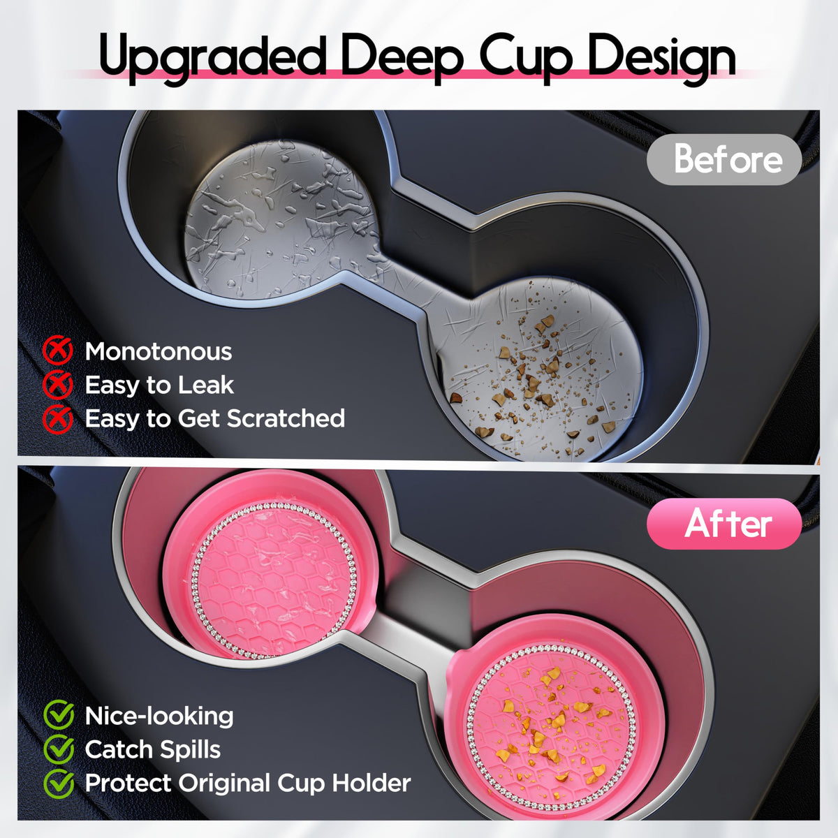 Amooca 2-Pack Car Cup Coaster Silicone Spill-Proof Cup Holder Inserts