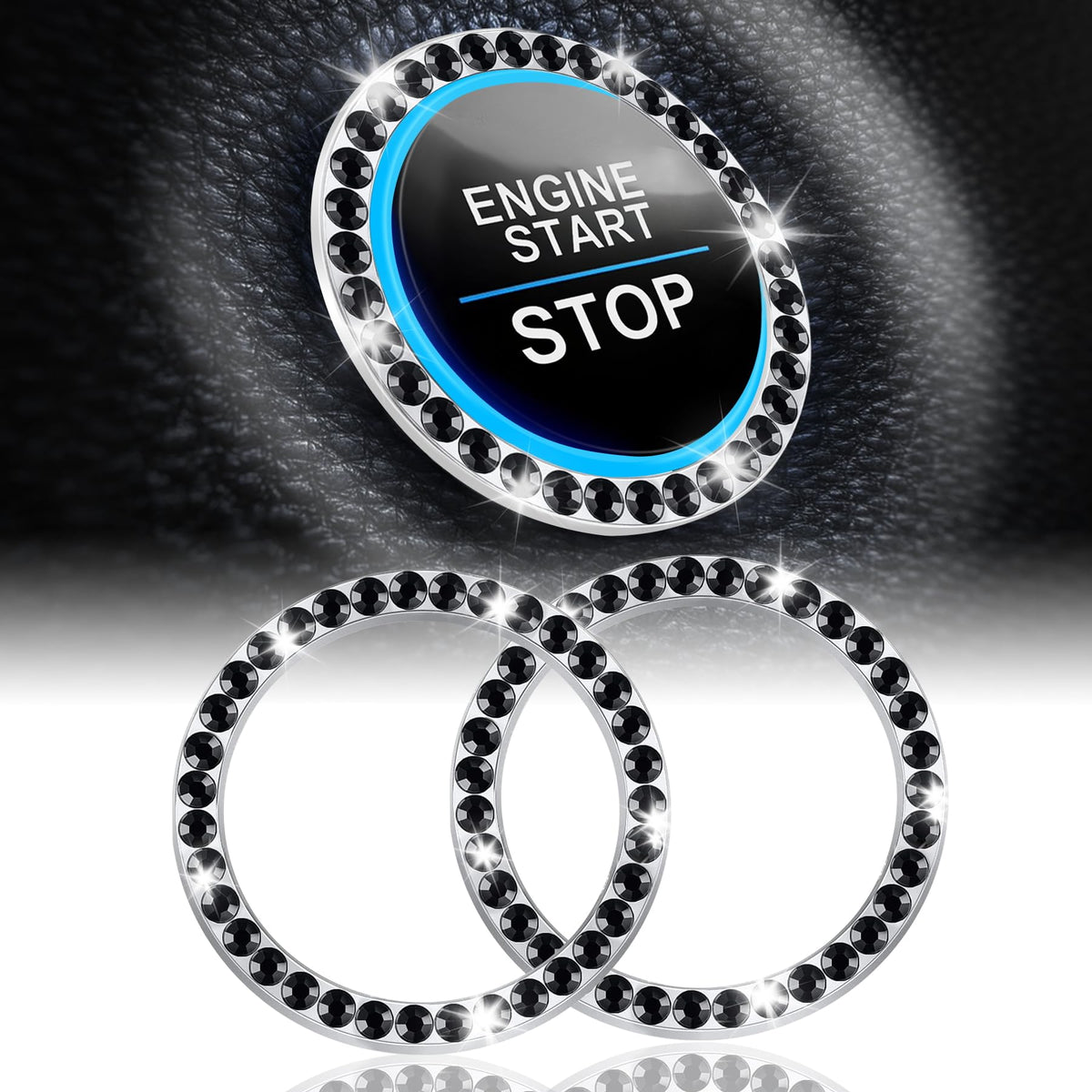 LivTee 2 PCS Crystal Double Rhinestone Car Engine Start Stop Decoration Ring, Bling Car Interior Accessories for Women, Push to Start Button Cover Sticker, Automotive Decals, White