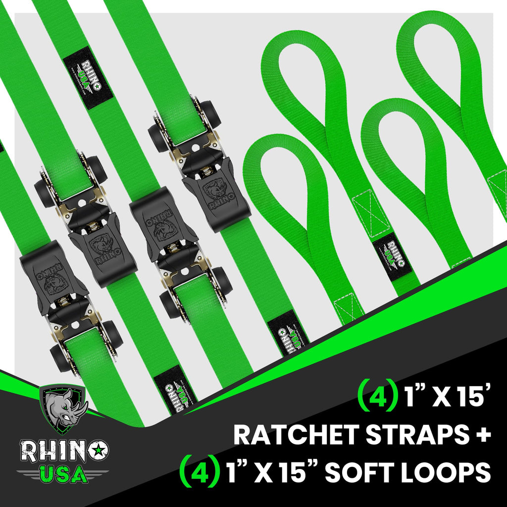 Rhino USA Ratchet Straps Tie Downs (4-Pack) - 1in x 15ft with S Hooks