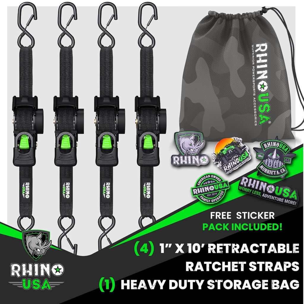 Rhino USA Retractable Ratchet Straps (4-Pack) - 1in x 10ft, Black