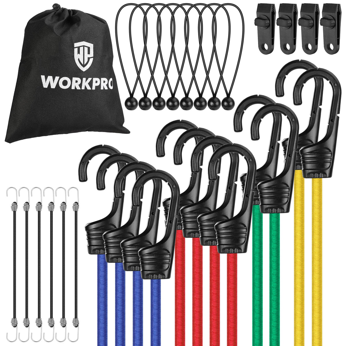 WORKPRO Bungee Cords with Hooks, Heavy Duty Outdoor Bungee Strap, 22-Piece